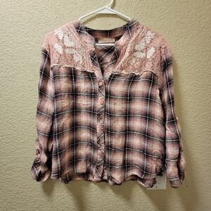 Hazel plaid blouse with lace detail